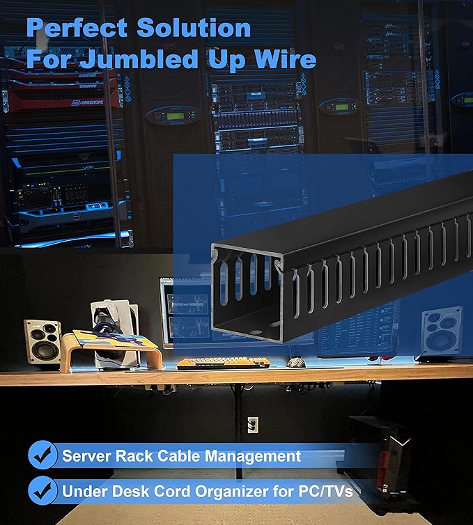 ZhiYo 99in(6X L16.5in) Professional Server Rack Cable Management Raceway, H2in x W2in Cable Raceway Kit, Electrically Safe PVC Open Slot Wire Raceway for Under Desk/Computer/Network Cords, Black