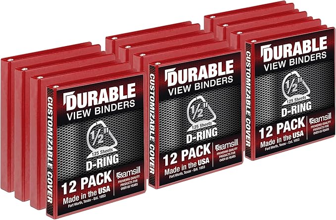 Samsill Durable 0.5 inch 3 Ring Binder, Made in USA, D Ring Binder,FSC 100% Recycled Chipboard, Red, 12 Pack