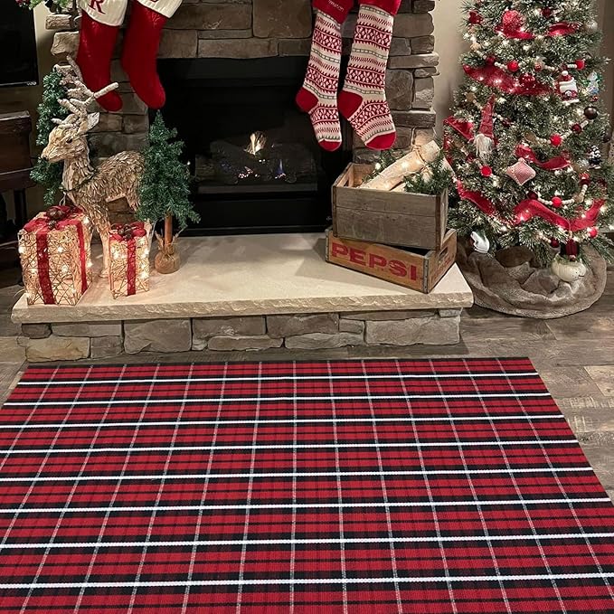 Buffalo Plaid Outdoor Rug 4' x 6' Christmas Door Mat Christmas Decor Welcome Rug Cotton Hand-Woven Layered Door Mats for Front Porch, Kitchen, Farmhouse, Entryway