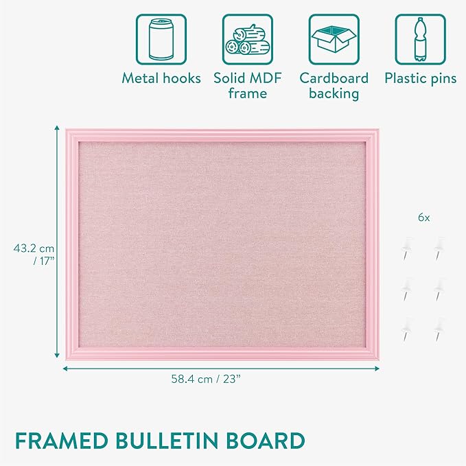 Navaris Framed Linen Bulletin Board - Approx. 58x43cm Fabric Jewelry Organizer Pinboard for Wall Memory Memo Pin Board - Pink Linen with Pink Frame