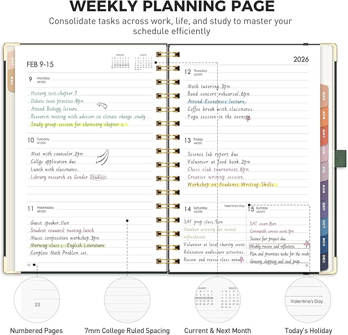 RETTACY 2026 Planner, Weekly and Monthly, Medium Size (5.7" x 8.3"), Jan - Dec 2026, Agenda, Calendar, 12 Month Tabs, Hardcover, 100 GSM Thick Paper, Spiral-bound (Dark Green)