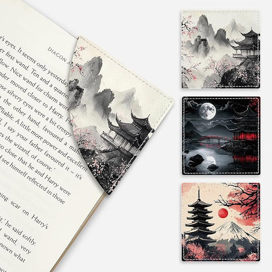 Japanese Landscape Corner Bookmarks, Anime Leather Book Accessories for Book Lovers, 3 Pcs Reading Book Page Markers for Women Men Student Teacher Retirement Birthday Gifts