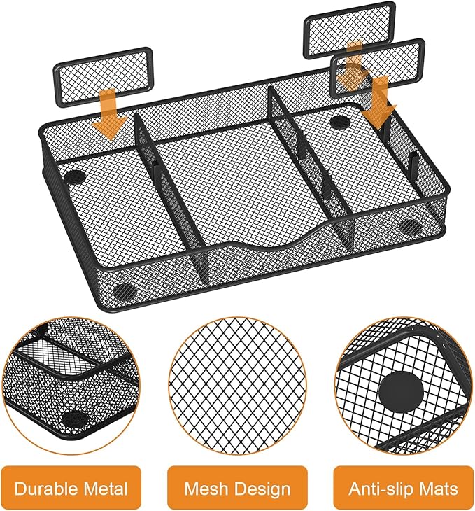 Desk Drawer Organizer Tray, Metal Mesh Drawer Organizer for Office & Home, 6 Adjustable Compartments, Black, 2 Pack - 12.87x8.73x1.96 inch