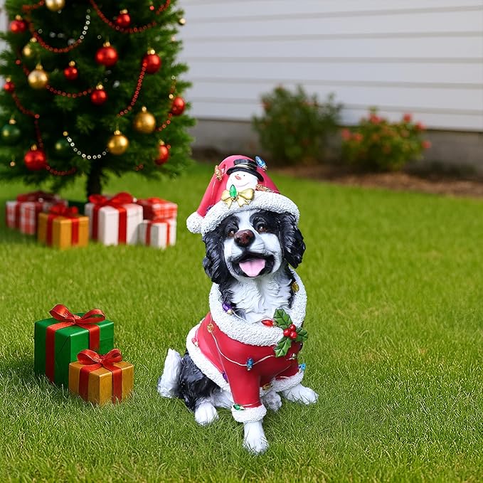 Christmas Outdoor Decoration Dog Statue, LED Light Cute Springer Spaniel Dog Sculpture with Santa Outfit & Lights for Garden and Yard, Indoor Holiday Décor Gift for mom and dad