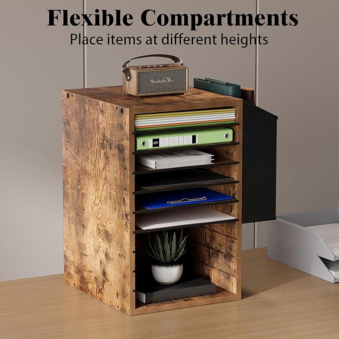 Office Mail Sorter, Wooden Paper Organizer with Storage Bag, 10 Tier Adjustable Classroom Mailbox, Removable Classroom Organization, Teacher Desk Organization for Office, Study, Brown