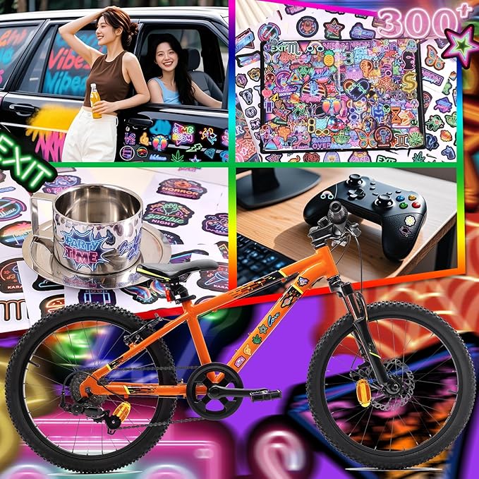 300+ Pieces Cool Neon Stickers Book for Laptop Phone Case Guitar Skateboard Helmet Bike Car Decals Scrapbooking Journaling Notesbook Luggage Water Bottles, Prizes Gift for Kids Teens Classroom Reward