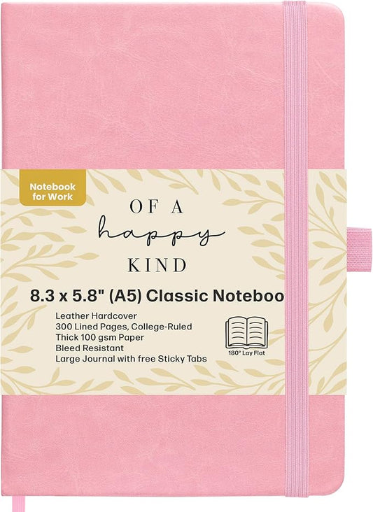Lined Leather Bound Journal Notebook, A5 Hardcover - Pink 5.8x8.3" - Thick 300 Pages College Ruled Paper Journals for Men and Women - Personal and Professional Note Book for Writing & Journaling