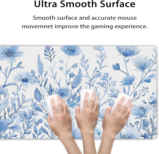 31.5”x11.8”Large Gaming Mouse Pad for Desk, Mouse Mat with Seamed Edges, Waterproof Desk Pad, Non-Slip Rubber Base, Keyboard Pad Computer Mat, Big XL Mousepad- Blue and White Flower