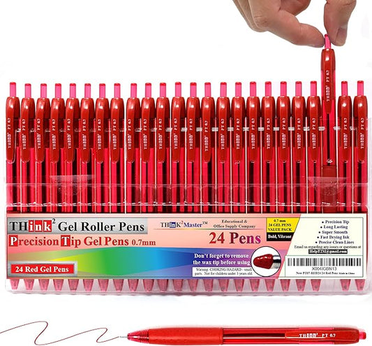 THINK2MASTER [24 Pens - Red Ink Think2 0.7mm Precision Tip Gel Pens. (24 Red) Fine Point Small Rollerball Pens with Smooth Quick Drying Ink.