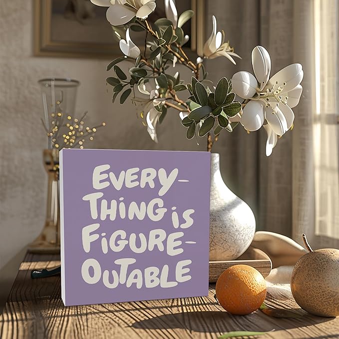 Inspirational Purple Office Decor, Every Thing is Figure Outable Motivational Office Accessories Wooden Box Sign, Inspirational Gifts for Women, Men Wall Desk Shelf Tabletop Decoration 8x8In
