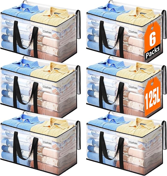 Extra Large Heavy Duty Moving Bags, Storage Bags with Strong Zippers & Handles, Packing Bags for Moving Essentials, Ideal Storage Tote for Home, Dorm & Storage Solutions, 125L 6 Packs Clear