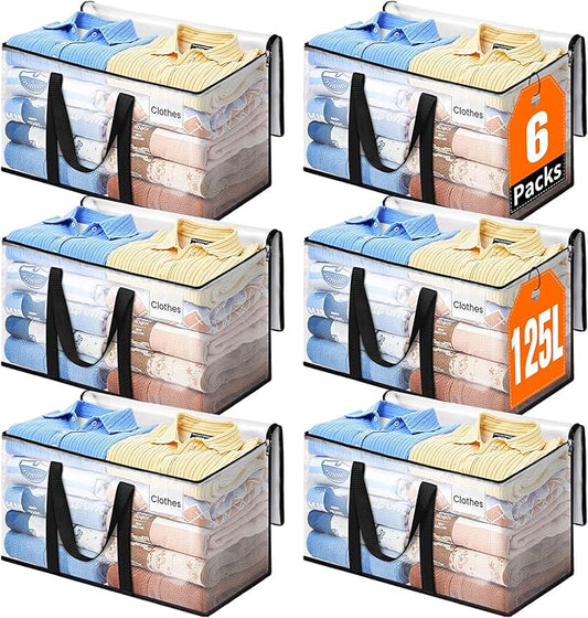 Extra Large Heavy Duty Moving Bags, Storage Bags with Strong Zippers & Handles, Packing Bags for Moving Essentials, Ideal Storage Tote for Home, Dorm & Storage Solutions, 125L 6 Packs Clear