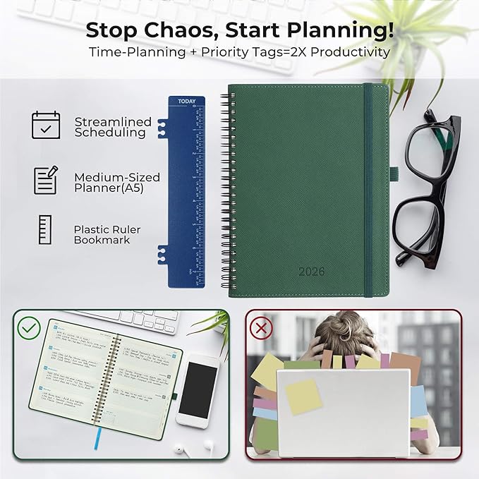 Planner 2026 Daily Weekly and Monthly,8.5"x6.5",12 Months Spiral Bound Calendar Agenda with Self-adhesive Pen Holder,2026 Appointment Book with Vegan Leather Soft Cover,Green