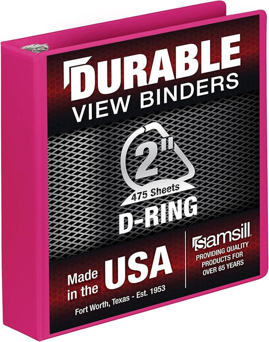 Samsill Durable 2 Inch Binder, Made in The USA, D Ring Binder, Customizable Clear View Cover, Dragonfruit, Holds 475 Pages