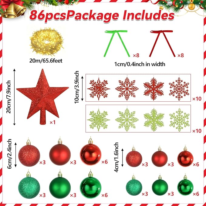 86Pcs Led Light Red and Green Christmas Tree Decorations Set 100 Led Light Christmas Star Trees Topper with String Lights Xmas Balls Snowflakes Ornaments Bows Xmas Trees Decor 20m Light String