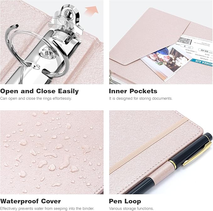 Ospelelf 3 Ring Binder with Clipboard, 1 Inch Leather, Letter Size (8.5" x 11"), Clipboard Binder with 5 Tab Dividers, Rose Gold