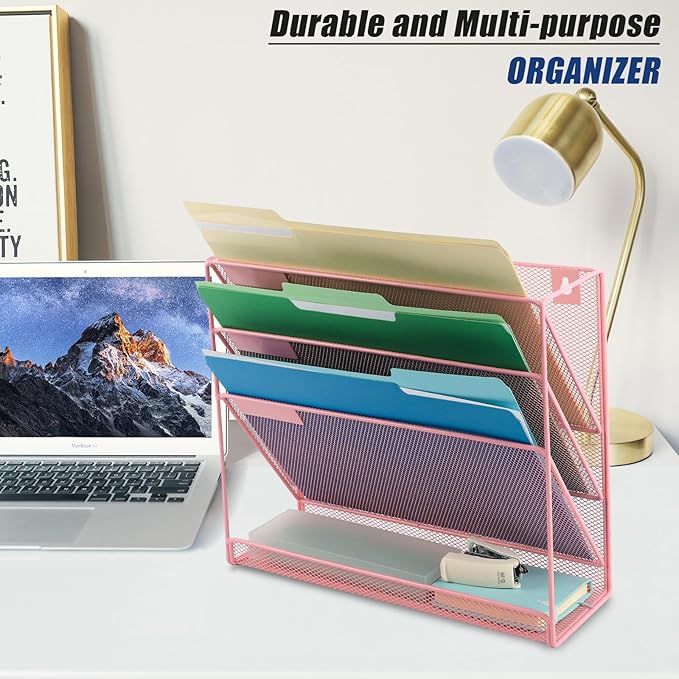 EASEPRES Desk File Organizer Mesh 4-Tier, Hanging Wall Mount Document Organization Stand, Desktop Vertical Mail Paper Folder Holder Rack with Bottom Tray for Office Home Cubicle Countertop, Pink