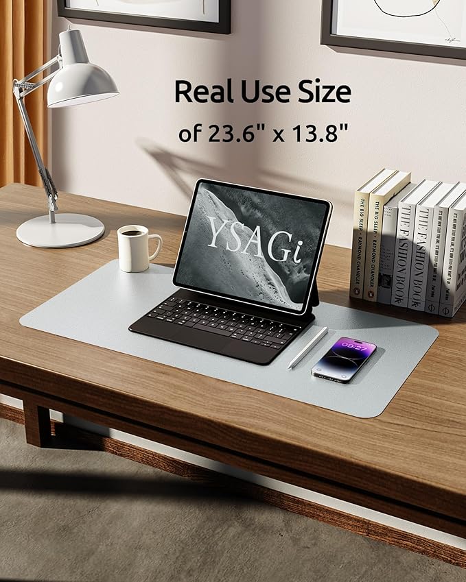 YSAGi Leather Desk Pad Protector, Office Desk Mat, Large Mouse Pad, Non-Slip PU Leather Desk Blotter, Laptop Desk Pad, Waterproof Desk Writing Pad for Office and Home (Silver, 23.6" x 13.8")