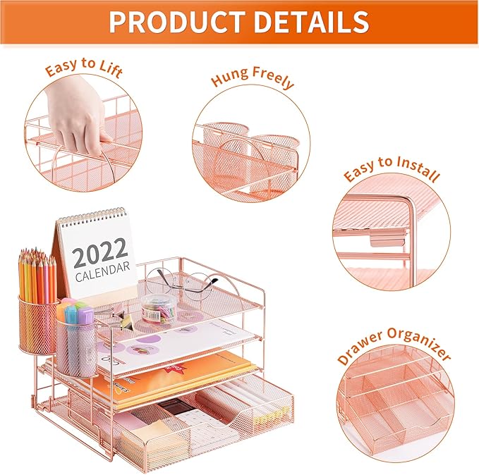Lavatino 4-Tier Desk Paper Letter Tray Organizer for Desk Accessories & Workspace Organizers with Drawer and 2 Pen Holder for Home, School, Office Supplies Storage (Rose Gold)