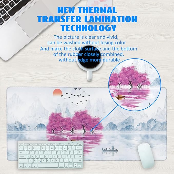 Desk Mat, Cherry Blossom Tree Oil Ink Painting Extended Gaming Mouse Pad Large, 35.4"x15.7" Big Mouse Pad with Non-Slip Base and Stitched Edge, Long Computer Keyboard Mouse Mat for Home Office Work