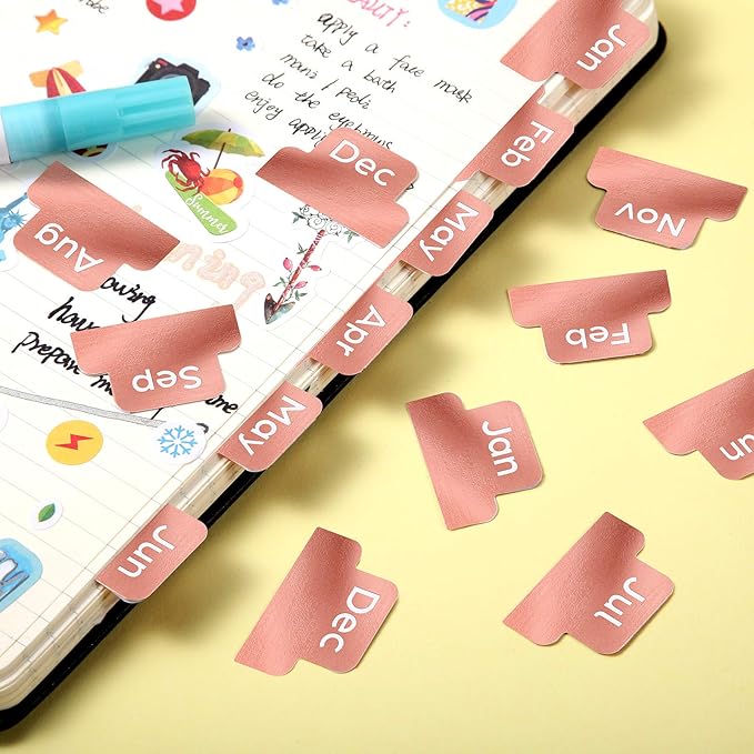 72 Pieces Adhesive Monthly Planner Tabs Monthly Index Stickers Decorative Label Calendar Stickers for Office Study Planner Journal Notebook Back to School Accessories(Rose Gold)