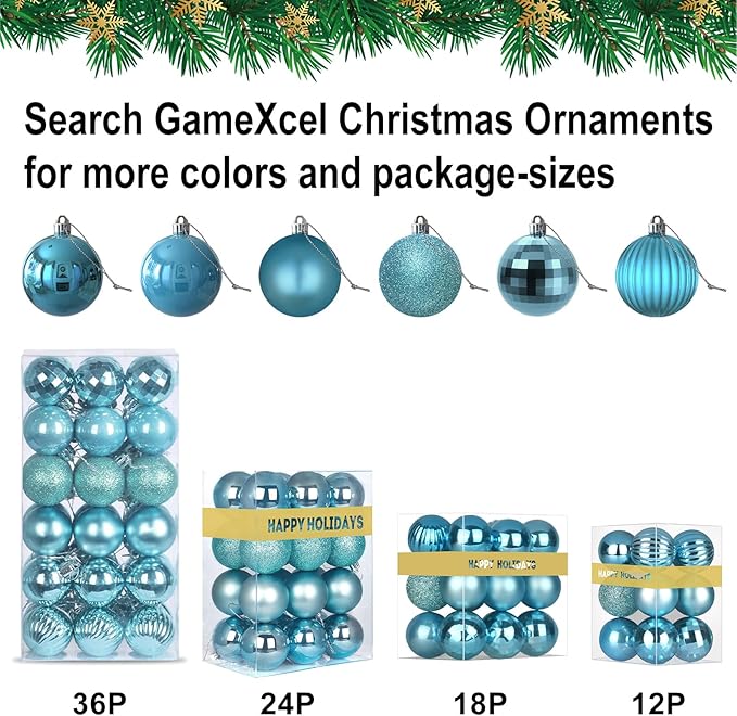 GameXcel 18Pcs Christmas Balls Ornaments for Xmas Tree - Shatterproof Christmas Tree Decorations Medium Hanging Ball Sky Blue 2.5in x 18 Pack