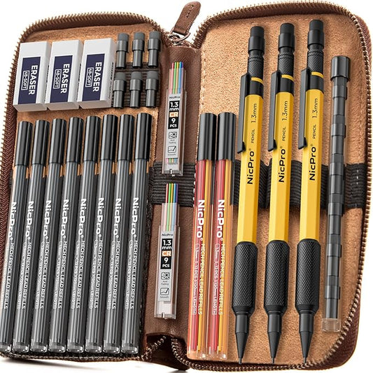 Nicpro 21PCS 1.3 mm Mechanical Pencil Set in Leather Bag with 138 Lead Refill, Eraser, Eraser Refills - Weatherproof Metal Barrel, Heavy Duty Carpenter Pencil for Outdoor Marking Drawing Woodworking