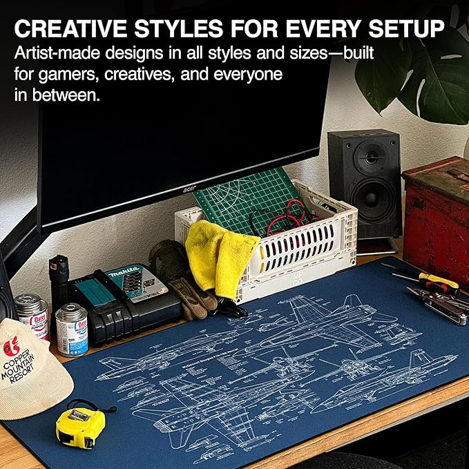 MPCO. Blueprints Large Gaming Desk Pad - 36" x 17" Aeroglyde Fabric Browning 1911 – White Desk Mats - Non-Slip, Washable, Smooth Glide for Precision Gaming & Work