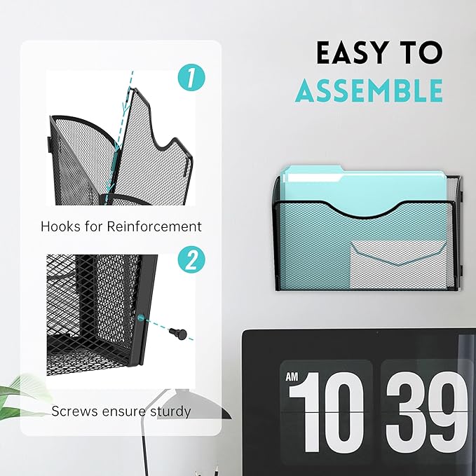 DALTACK 8 Pockets Mesh Wall File Organizer, Hanging File Organizer Vertical Wall Mount File Holder, Metal Wall File Pocket Document Magazine Rack for Office Home, Black