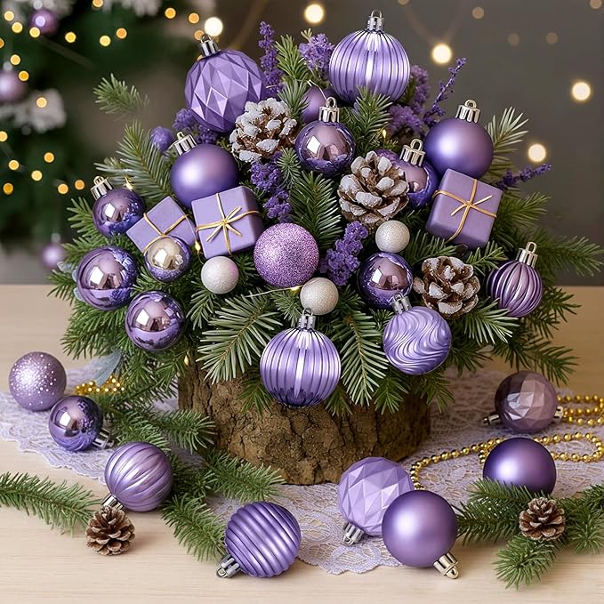 64 Pcs Lilac Purple Christmas Ball Ornaments Lavender Purple Christmas Ornaments Shatterproof Xmas Tree Decorations Set 1.6/1.97/2.4 Inch Light Pastel Purple Christmas Decor for Tree Home