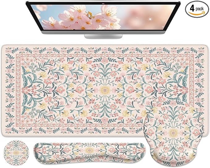 iCasso Desk Pad Mat, Large Mouse Pad and Keyboard Wrist Rest Set, Desk Protector Mat,4in1 Ergonomic Carpal Tunnel Keyboard Pad with Wrist Support for Desktop Cover Home Office Computer(Pink Flowers)