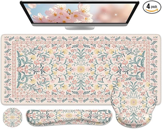 iCasso Desk Pad Mat, Large Mouse Pad and Keyboard Wrist Rest Set, Desk Protector Mat,4in1 Ergonomic Carpal Tunnel Keyboard Pad with Wrist Support for Desktop Cover Home Office Computer(Pink Flowers)