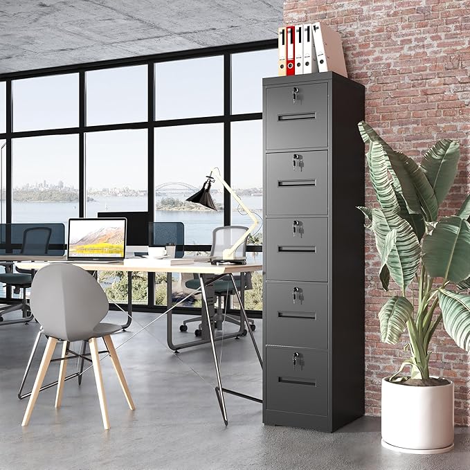 5 Drawer Metal File Cabinet with 5 Unique Locks Heavy Duty Locking File Cabinets Home Office Steel Filing Cabinet Vertical File Cabinets for Legal/Letter Size File,Assembly Required