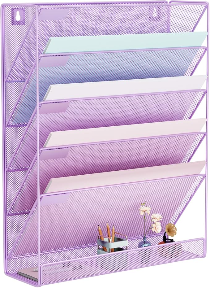 Wall File Organizer Holder Mesh Hanging Paper Document Holder, Vertical 6 Pocket Tier for Office Home, Light Purple
