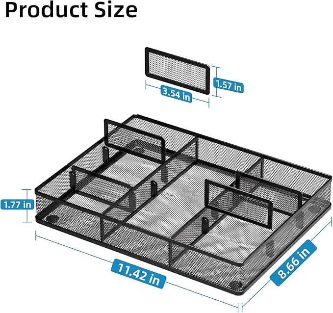 Marbrasse Desk Drawer Organizer, Metal Mesh Drawer Organizer Tray with 5 Adjustable Compartments,Desk Organizers and Accessories for Home,Office,Kitchen,Makeup,Vanity (Black)