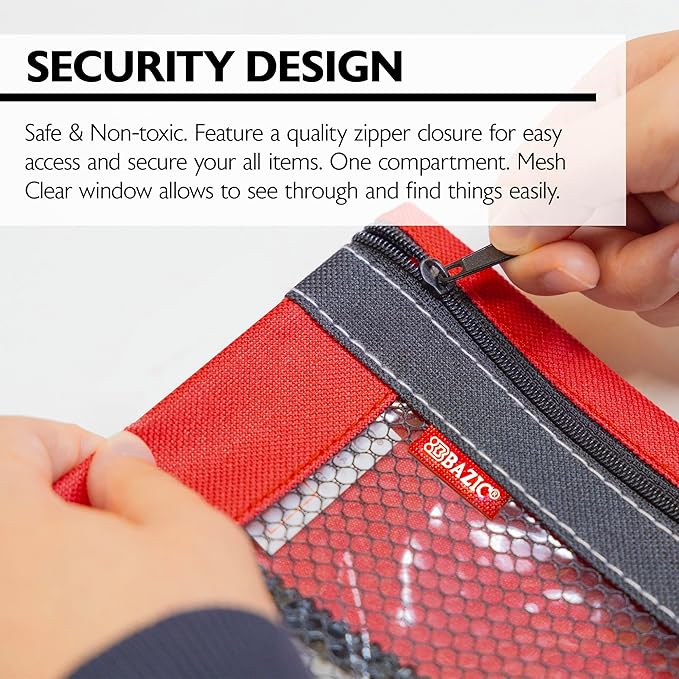 BAZIC Pencil Pouch 3 Ring Binder Pouch w/Rivet Enforced Rings Holes, Assorted Color Mesh Window Zipper Pouches, 4-Pack