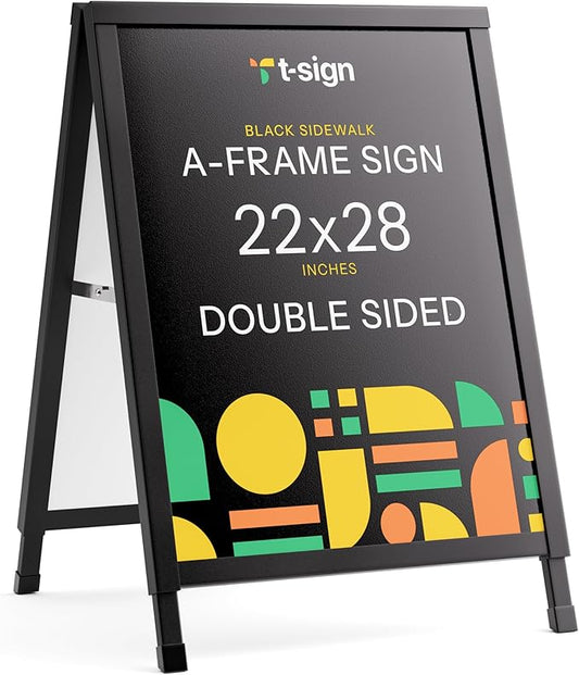 T-SIGN Outdoor A-Frame Sidewalk Sign 22x28 Inch Sandwich Board, Black Coated Steel Metal Double-Sided, Heavy Duty Slide-in Folding Frame Sign Holder, 2 Corrugated Plastic Poster Boards, Display Stand