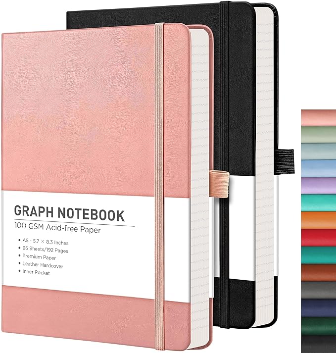 RETTACY Graph Grid Paper Notebook, 2-Pack, 192 Pages per Pack, A5 Medium Size (5.7'' x 8.3''), Leather Hardcover, 100 GSM Thick Paper, for School, Students, Math, Engineering (Black & Pink)