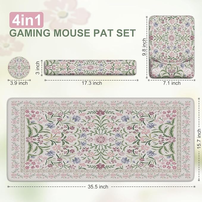 iCasso Mouse Pad with Wrist Rest,Large Desk Mat Set,Ergonomic Keyboard Pad with Wrist Support,Non-Slip Mouse Mat for Women,Cute Floral Computer Mat for Home Office Gaming (Purple Floral)