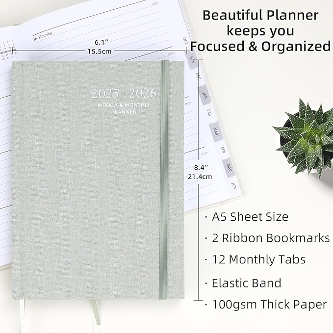 2025-2026 Planner - Weekly and Monthly Planner, July 2025 - June 2026, Linen Hardcover, 2025-2026 Calendar Planner Book with Tabs, Aesthetic, Perfect for Office Home School Supplies (Sage, A5)