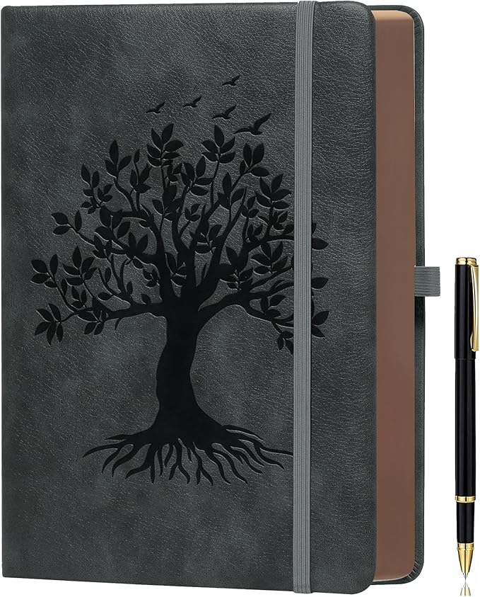 ZXHQ A5 360 Pages Lined Journaling Notebooks with Pen, Journals for Women Men Writing Notebook, Tree of Life Design, Brown Edge Fine Inner Pocket - Dark Grey
