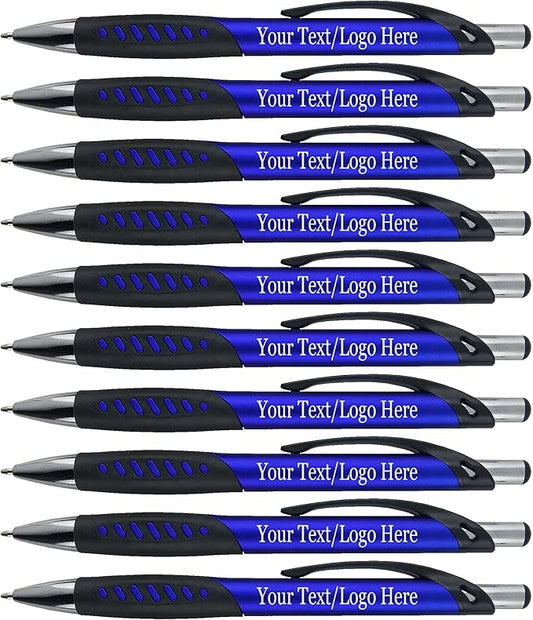 SyPen Promotional Pens With your Custom Logo or Text-300 Pack Bulk-for Businesses, Parties, and Events, Custom Printed Metallic/Colored Click Action Ballpoint Pens, Rubber Grip, Black Ink, Blue