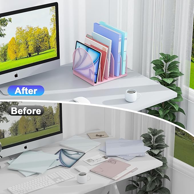 gianotter Desktop File Organizer, Desk Organizer with 5 Compartments, Paper Organizer for Desk, Workspace Organizers for Office Supplies (Pink)