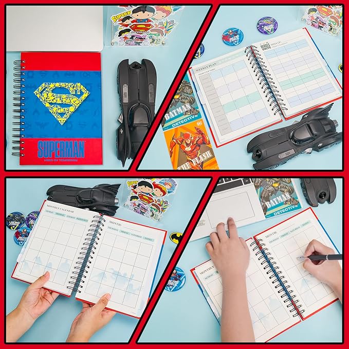 Superhero Academic Planner, Weekly Monthly Daily Agenda, Custom Date Organizer for Time Management, Spiral Bound Notebook with Colorful Tabs,Datebooks for Middle or High School Student (Blue Red)