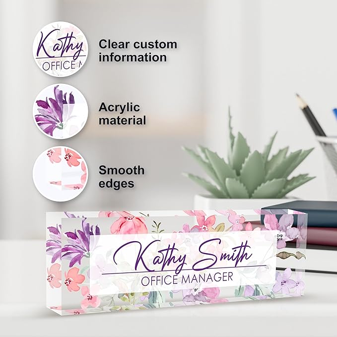 Personalized Name Plate for Desk, Custom Desk Name Plate, Acrylic Name Plate Office Desk Accessories, Personalized Office Gifts for Coworkers Teachers, Employee Appreciation Gifts (A-WaterColor3)