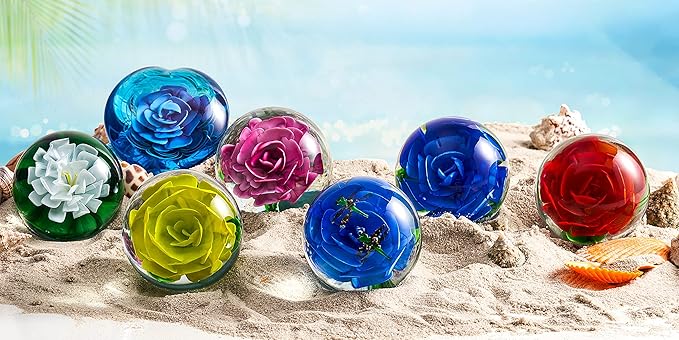 Hand Blown Glass Heart Flower Paperweight for Office Desk,Home Decor Collectible.