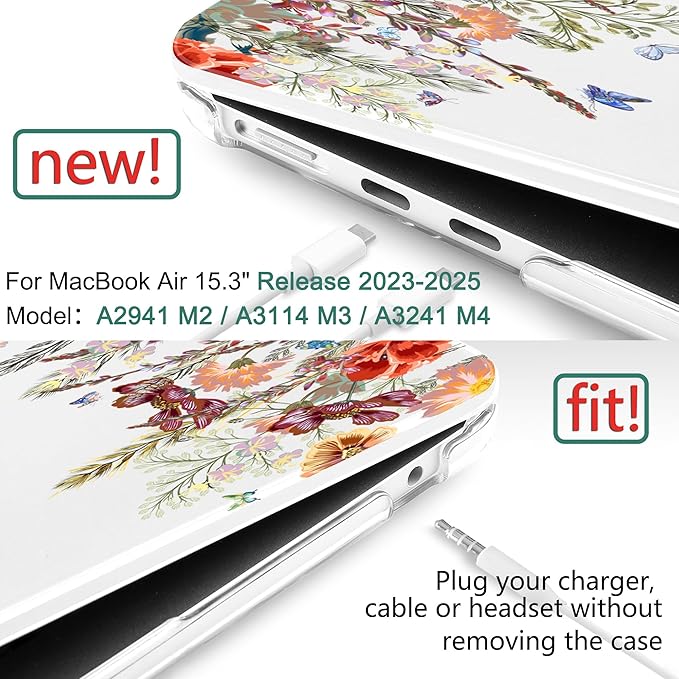 DONGKE Compatible with M4 MacBook Air 15 inch Case 2025 2024 2023 A3241 A3114 A2941 M3 M2 Liquid Retina Display Touch ID, Plastic Hard Case & Keyboard Skin & Screen Protector - Floral Illustration
