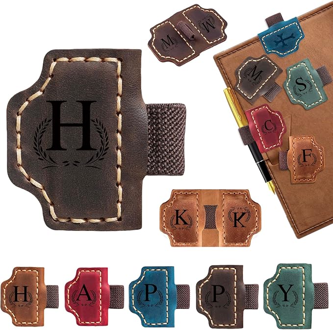Custom Bygone Mark Bookmark with Pen Holder, 26 Letters Name Initial Personalized Magnetic Leather Bookmark, Gifts for Book Lovers, Readers, Travelers, Leather Book Marks (Dark Brown, H)