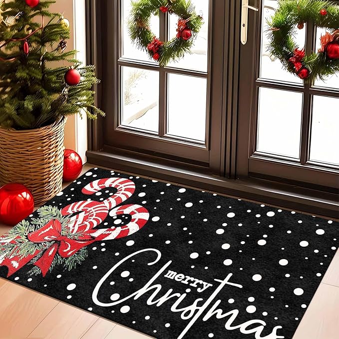 Christmas Door Mat Entrance Decoration Christmas Candy Cane Welcome Mat Black Door Front Porch Rug for Outside Front Porch Entryway Decor, 18" x 30"Inch