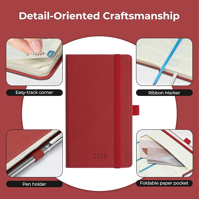 Weekly Monthly 2026 Planner (Jan.26-Dec.26),6.5"x3.75",12 Months Agenda Plan with Month Tabs & Pocket,Expenses/Note Pages, Appointment Book Calendar with Hardcover Vegan Leather Cover,Red